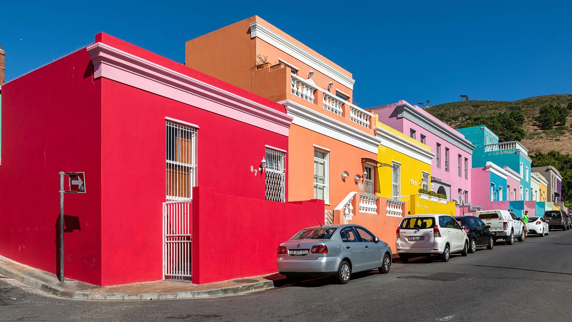 A street of brightly painted houses in Cape Town's Bo-Kaap
