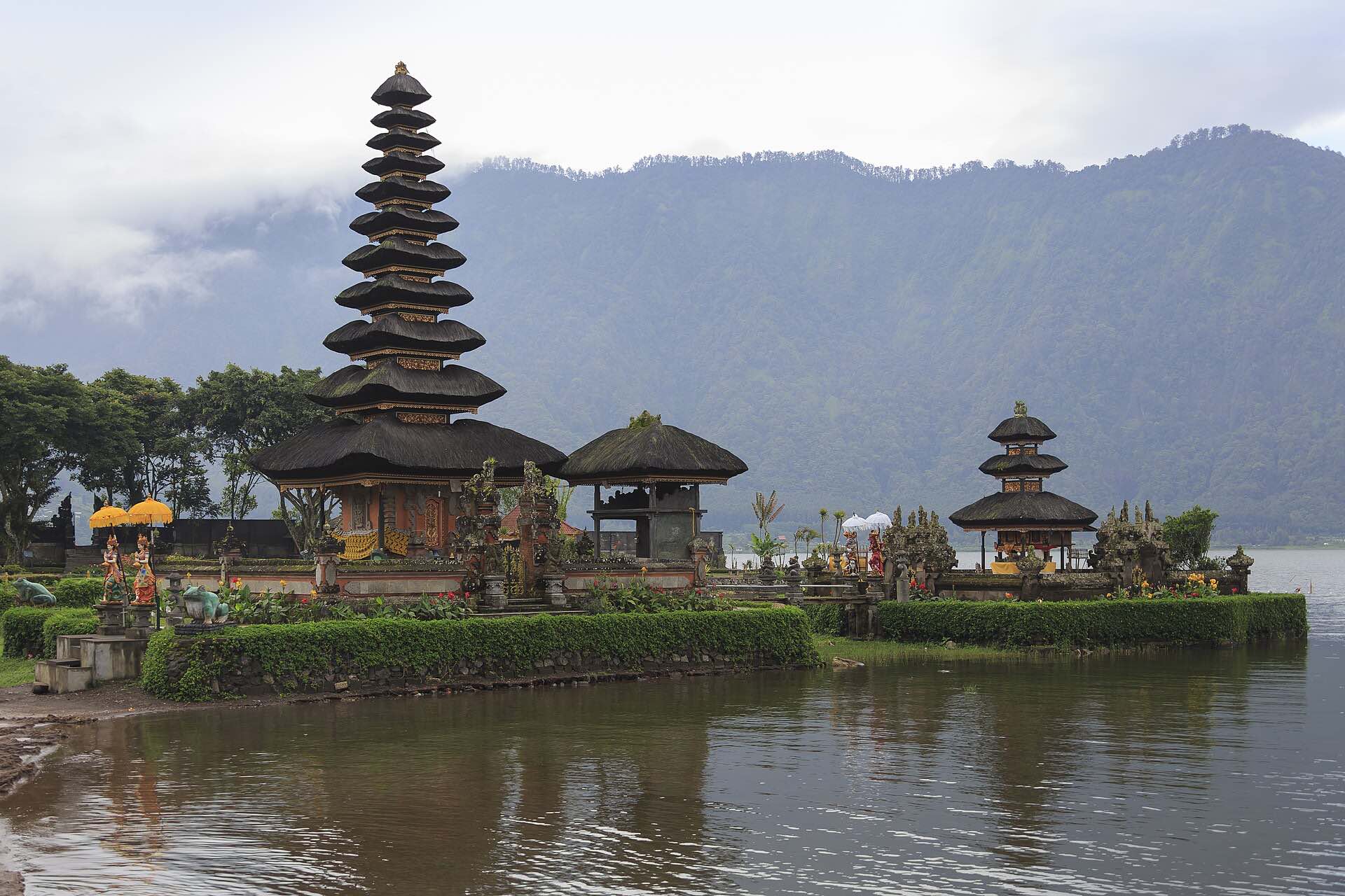 The tiered Ulun Danu Bratan temple on a lake in Bali