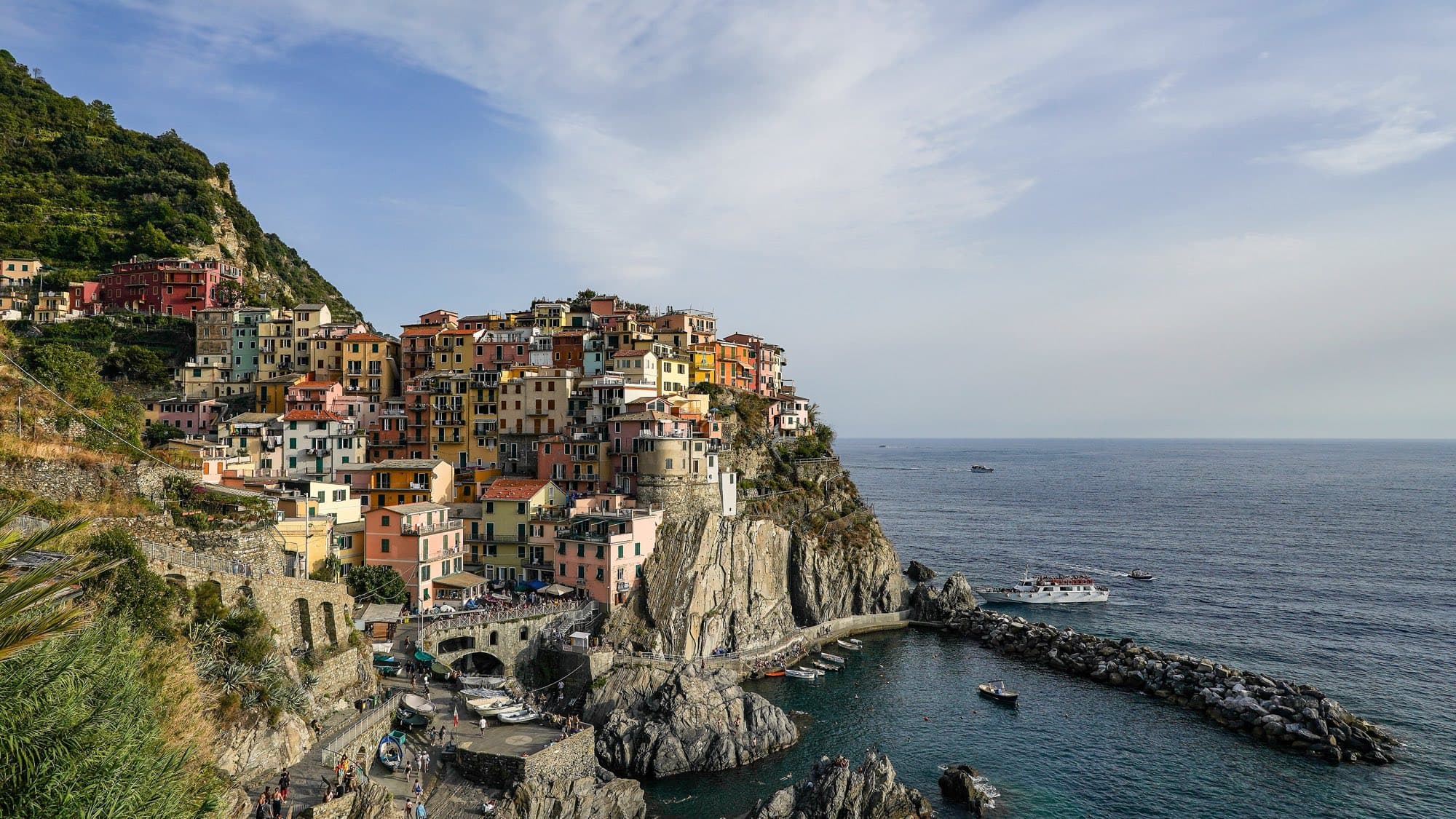 The colorful cliffside village of Manarola above the sea