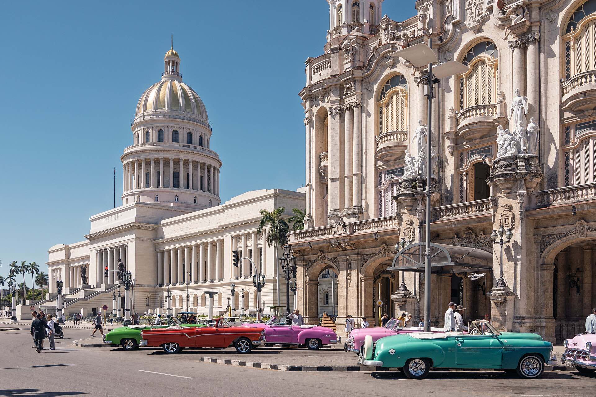 Classic cars parked in front of Havana's Capitol building