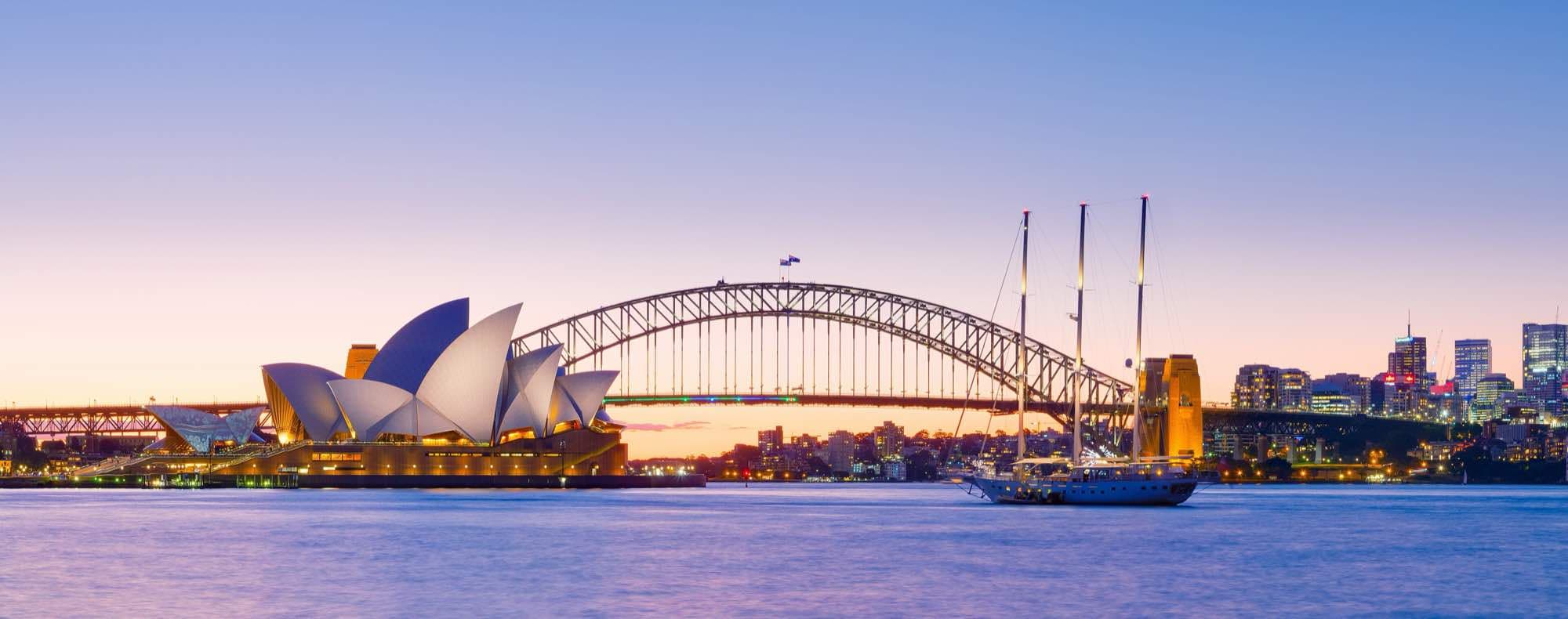 The Sydney Opera House and Harbour Bridge at dusk