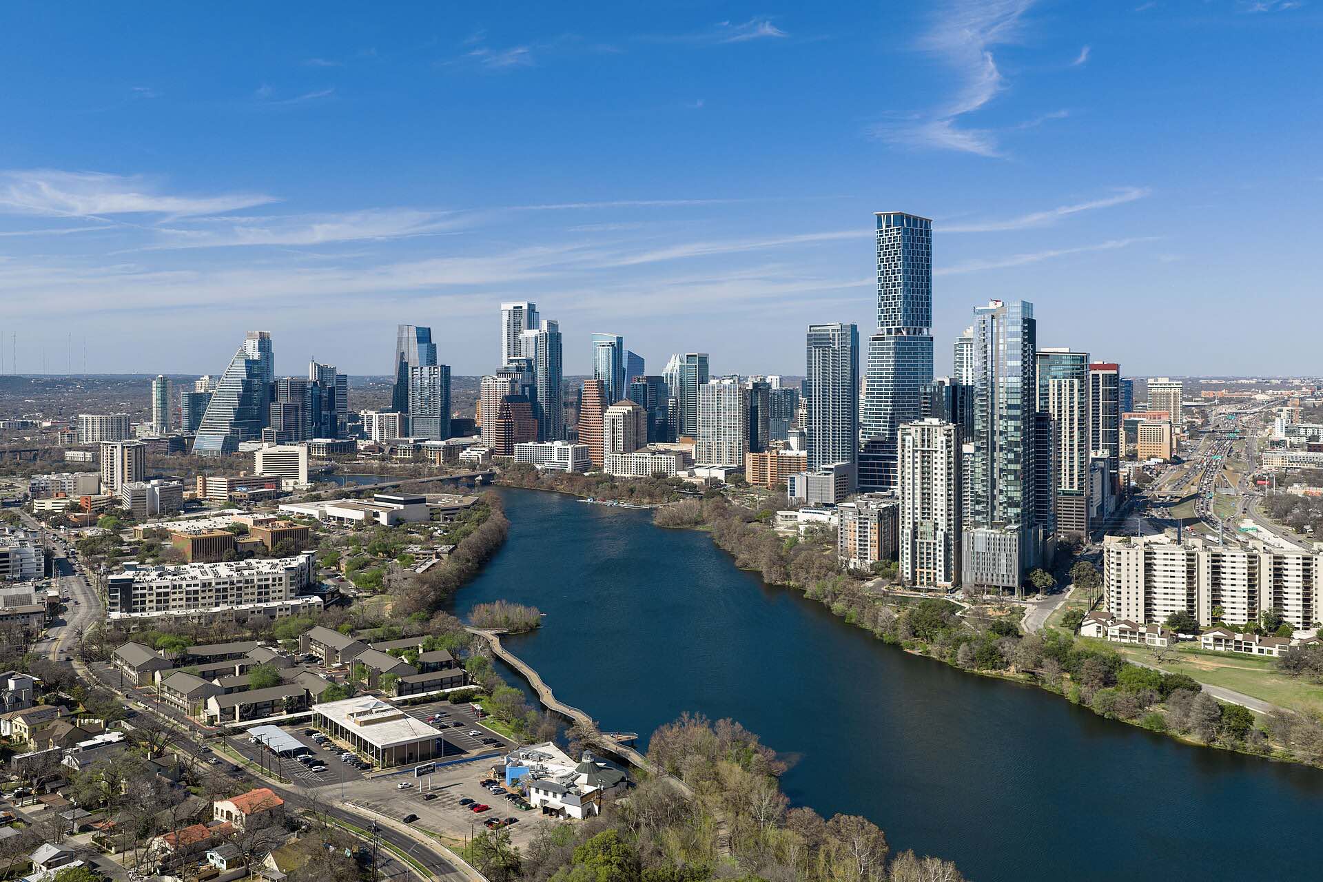 Downtown Austin from the air, beside Lady Bird Lake