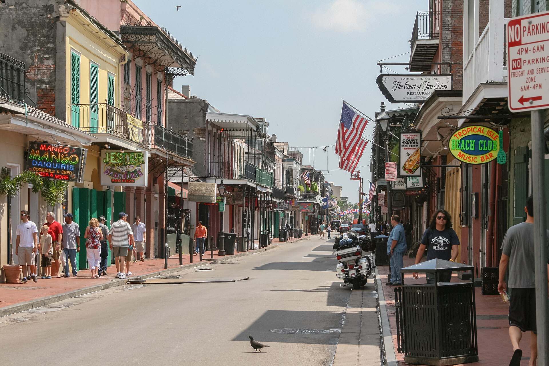 Bourbon Street in the French Quarter, lined with iron balconies