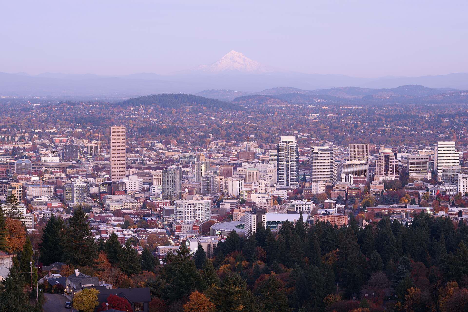 Downtown Portland at dusk with Mount Hood on the horizon