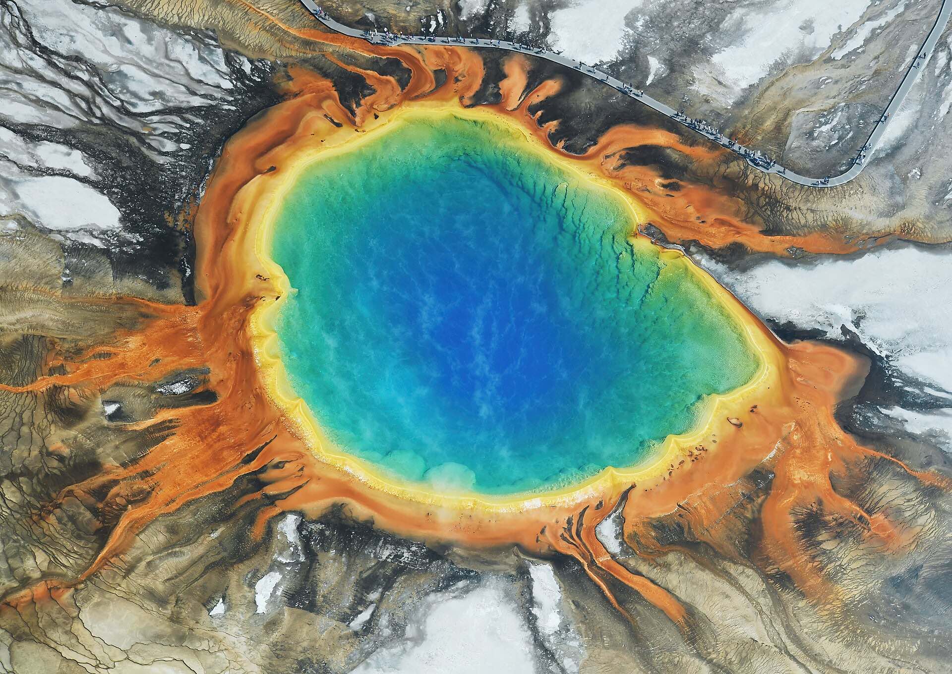 The rainbow-colored Grand Prismatic Spring in Yellowstone, from above